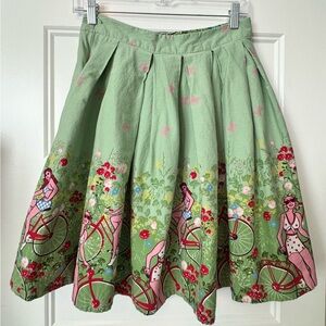 Vintage Style Bicycle Print Skater Skirt Green Floral Novelty Size L